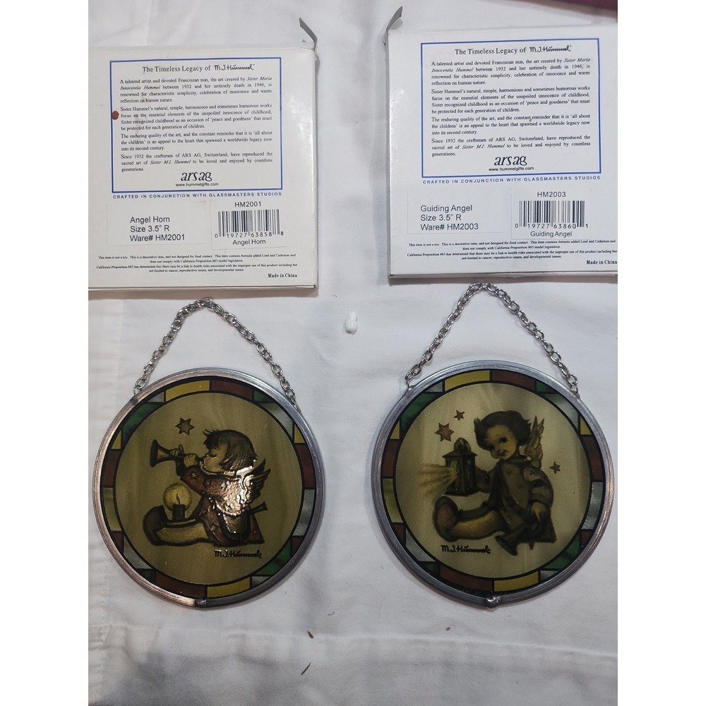 (Two)Hummel Christmas Ornaments~2001 Angel Horn & 2003 Guilding Angel~3.5" Round